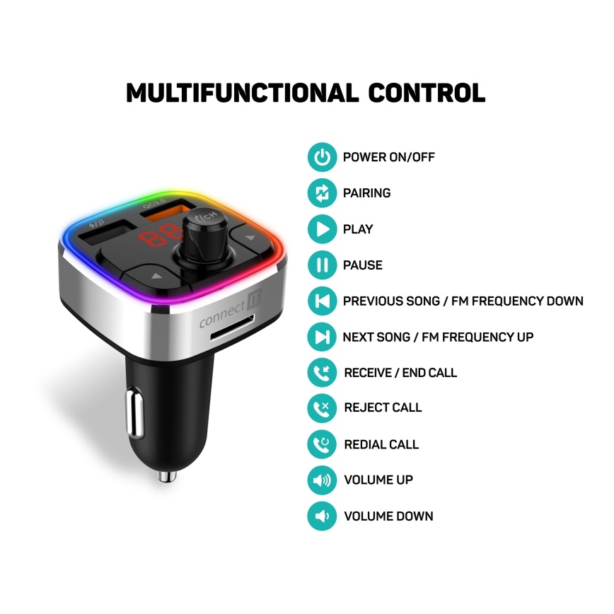 CONNECT IT CCC-9090-SL - Светодиодный RGB FM-передатчик для автомобиля с функцией громкой связи черный/серебристый