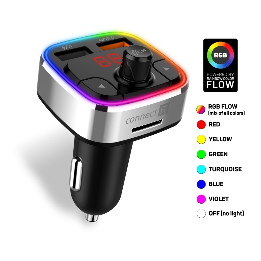 CONNECT IT CCC-9090-SL - Светодиодный RGB FM-передатчик для автомобиля с функцией громкой связи черный/серебристый