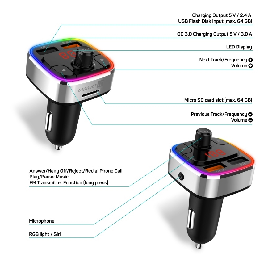 CONNECT IT CCC-9090-SL - Светодиодный RGB FM-передатчик для автомобиля с функцией громкой связи черный/серебристый