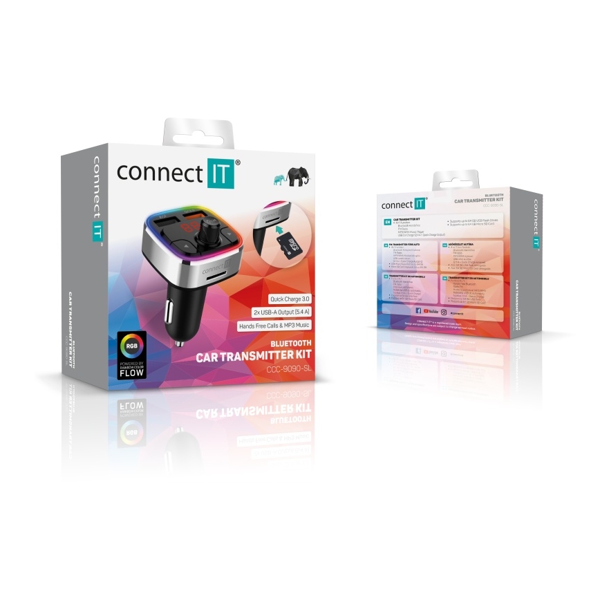 CONNECT IT CCC-9090-SL - Светодиодный RGB FM-передатчик для автомобиля с функцией громкой связи черный/серебристый