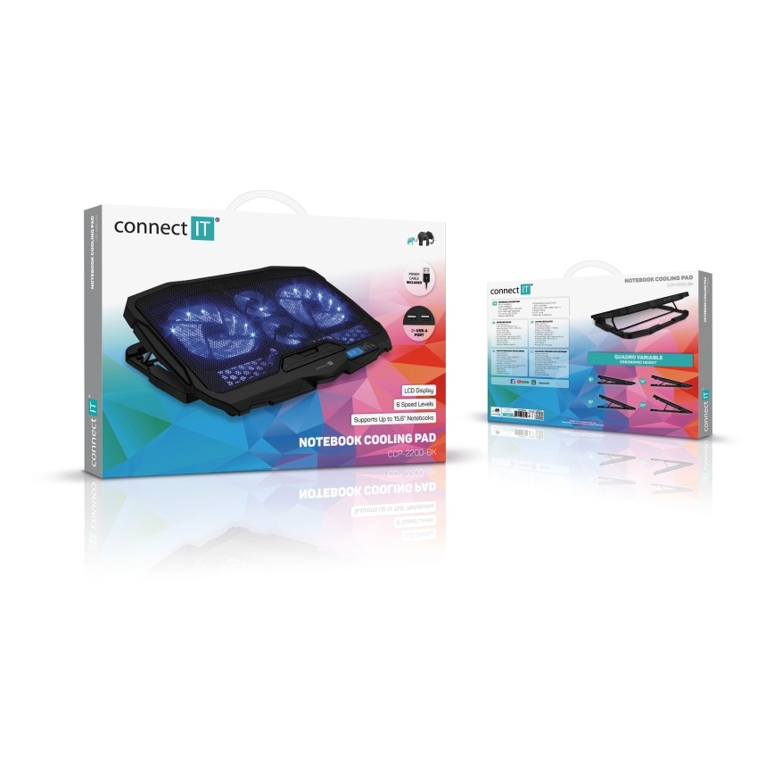 CONNECT IT CCP-2200-BK - Охолоджувальна підставка для ноутбука 4x вентилятор 2xUSB чорний//синій