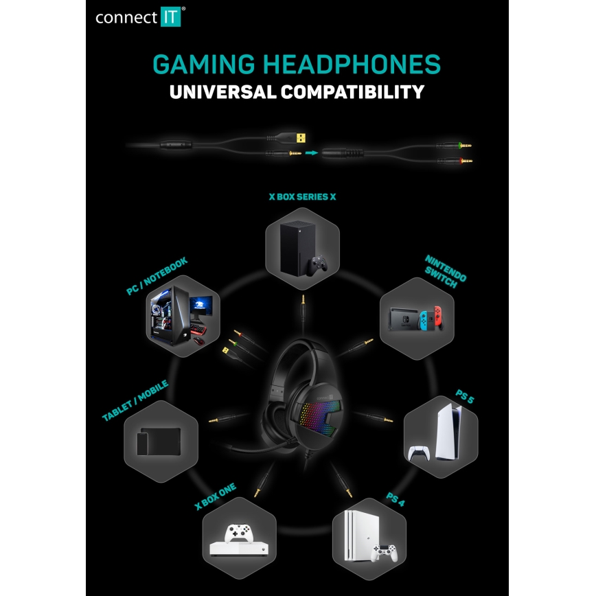 CONNECT IT CHP-3595-BK - LED RGB Дротові ігрові навушники з мікрофоном чорний