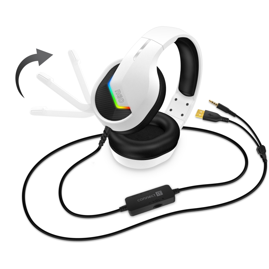 CONNECT IT CHP-3595-WH - Светодиодные проводные игровые RGB-наушники с микрофоном белый/черный