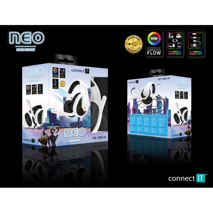 CONNECT IT CHP-3595-WH - Светодиодные проводные игровые RGB-наушники с микрофоном белый/черный