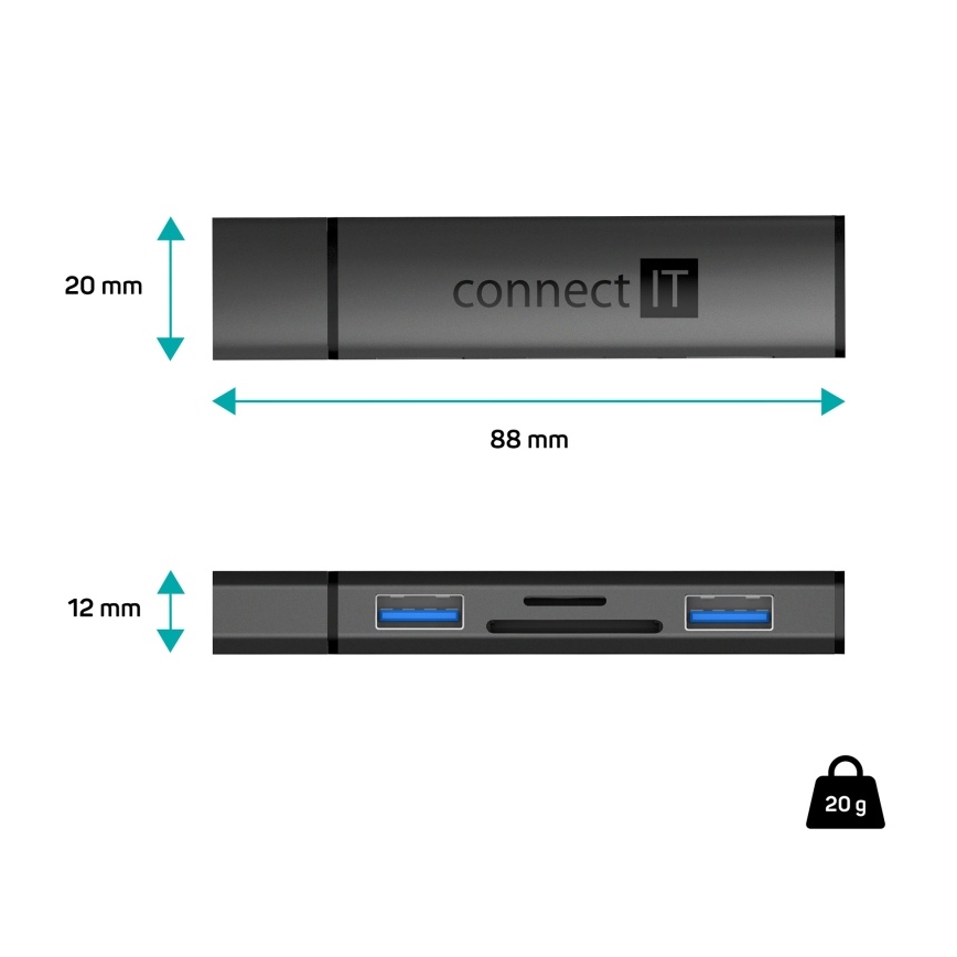 CONNECT IT CHU-4060-AN - USB-A ХАБ з пристроєм для зчитування карт пам'яті 4в1