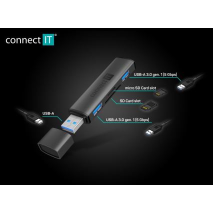 CONNECT IT CHU-4060-AN - USB-A ХАБ з пристроєм для зчитування карт пам'яті 4в1