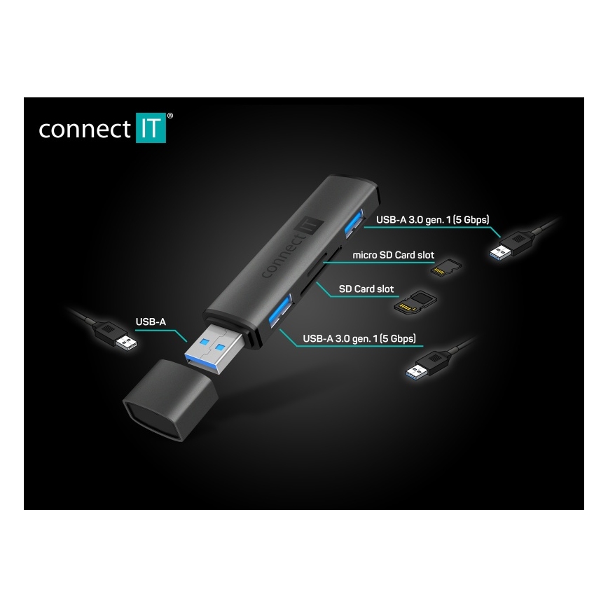CONNECT IT CHU-4060-AN - USB-A ХАБ з пристроєм для зчитування карт пам'яті 4в1