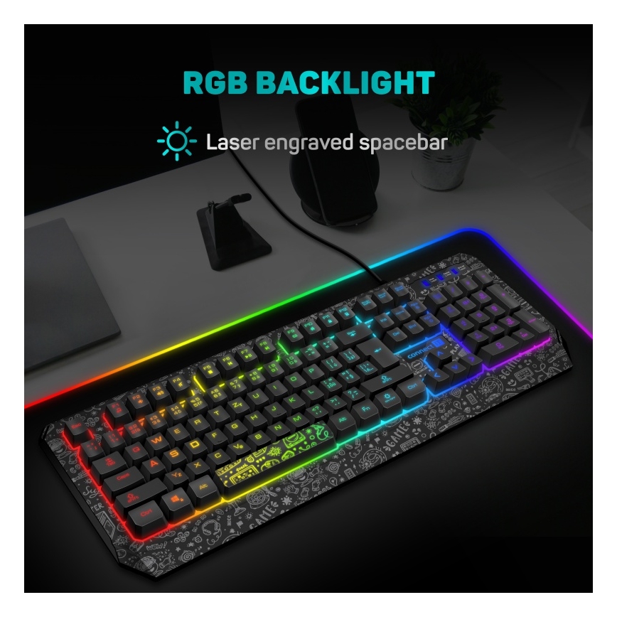 CONNECT IT CKB-3530-DD - LED RGB Дротова ігрова клавіатура з чеською/словацькою локалізацією чорний