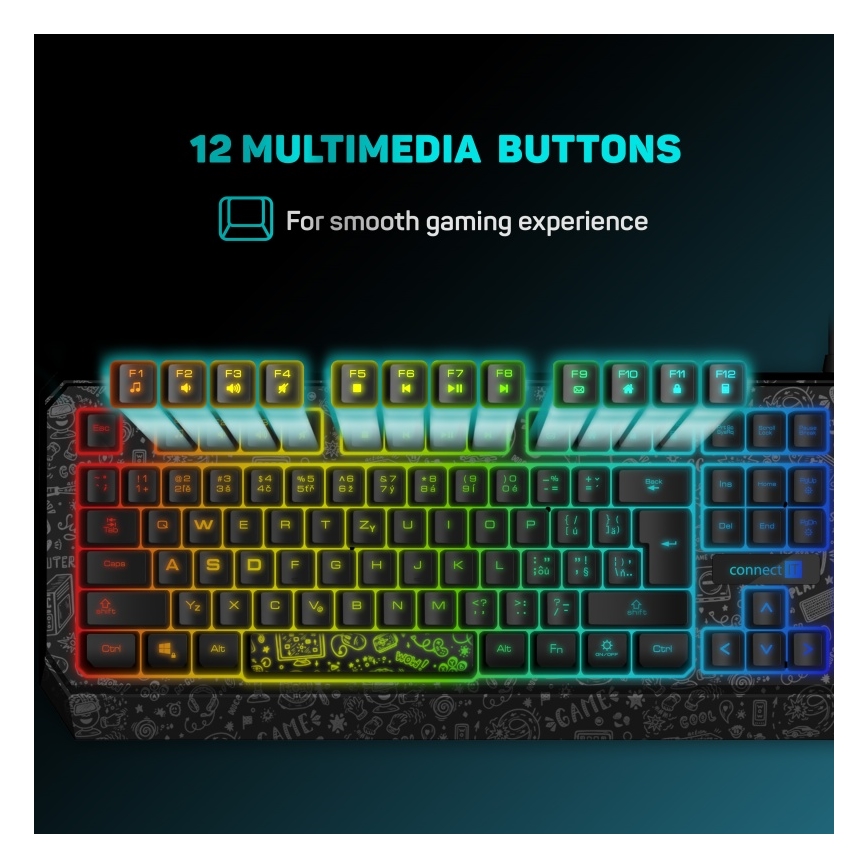 CONNECT IT CKB-3530-DD - LED RGB Дротова ігрова клавіатура з чеською/словацькою локалізацією чорний