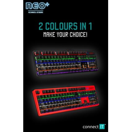 CONNECT IT CKB-3591-CS - LED RGB Дротова ігрова клавіатура з чеською/словацькою локалізацією чорний + червоний рамка