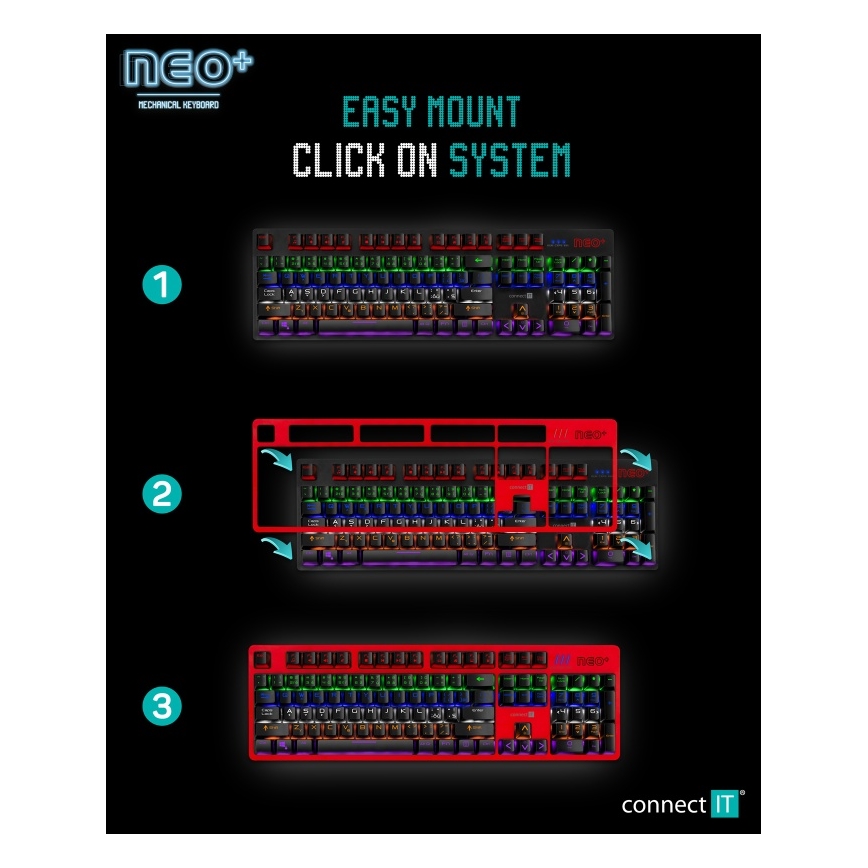 CONNECT IT CKB-3591-CS - LED RGB Дротова ігрова клавіатура з чеською/словацькою локалізацією чорний + червоний рамка