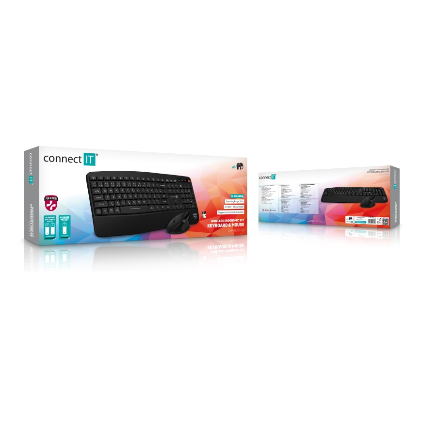 CONNECT IT CKM-6010-CS - Ергономічна бездротова клавіатура і миша 800/1200/1600/2400 DPI з чеською/словацькою локалізацією 1xAA + 2xAAA чорний