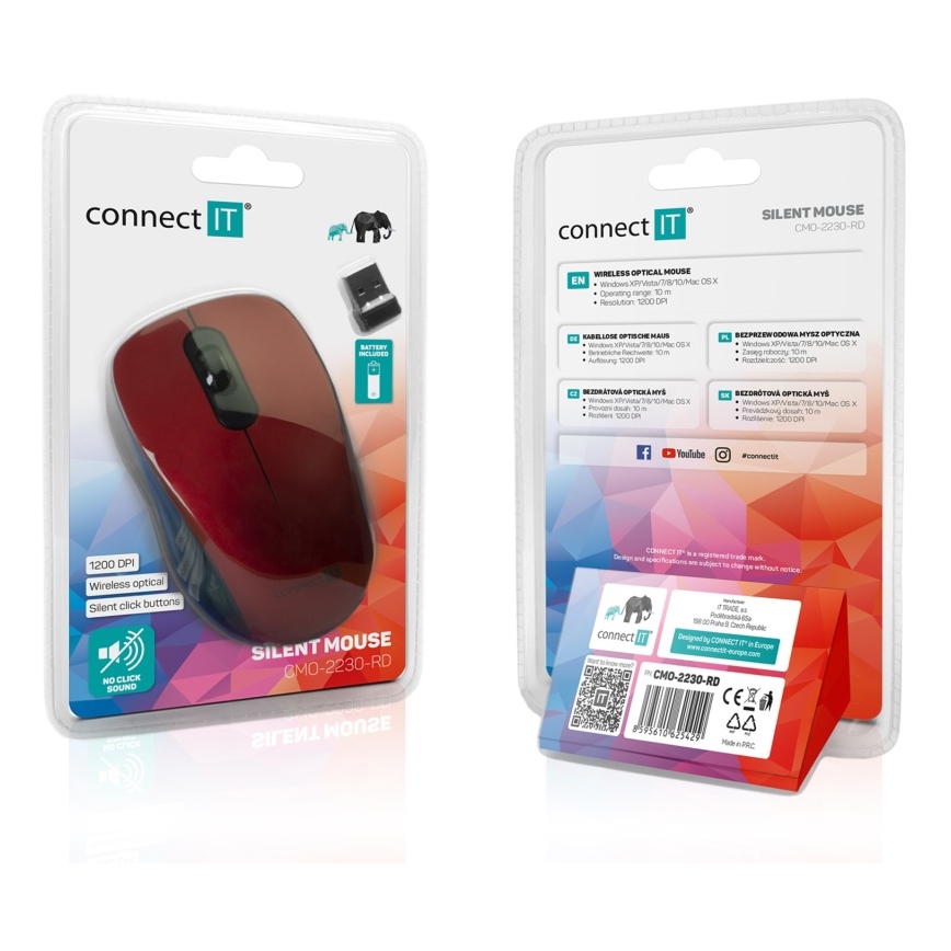 CONNECT IT CMO-2230-RD - Бездротова безшумна миша MUTE 1200 DPI 1xAA чорний/червоний
