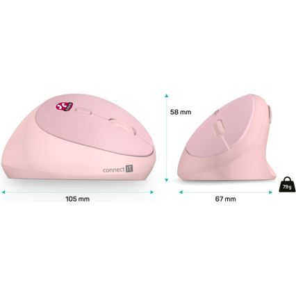 CONNECT IT CMO-2600-PK - Эргономичная беспроводная мышь 800/1200/1600 DPI, питание от 1xAA, розовая