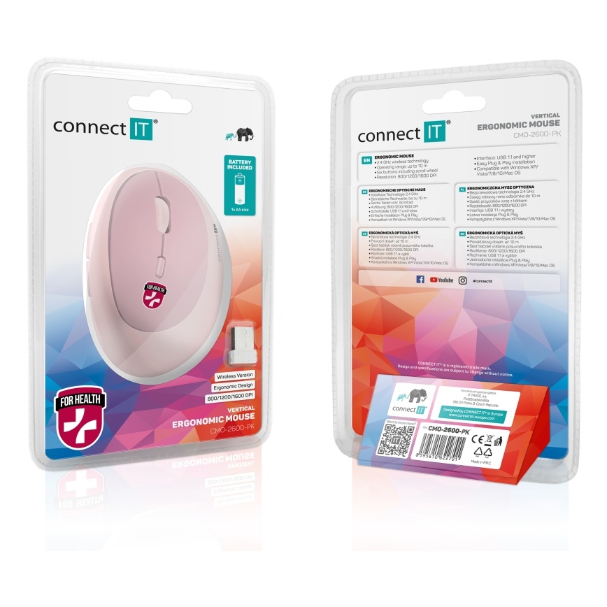 CONNECT IT CMO-2600-PK - Ергономічна бездротова рожева миша 800/1200/1600 DPI 1xAA