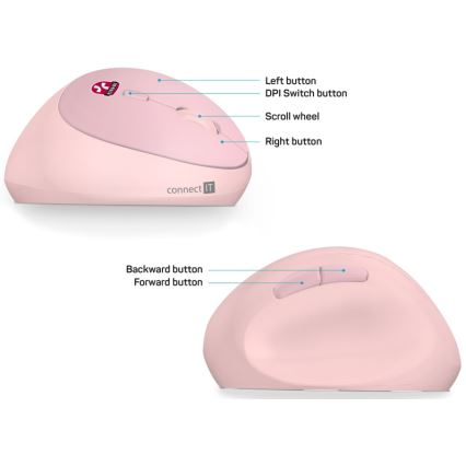 CONNECT IT CMO-2600-PK - Эргономичная беспроводная мышь 800/1200/1600 DPI, питание от 1xAA, розовая