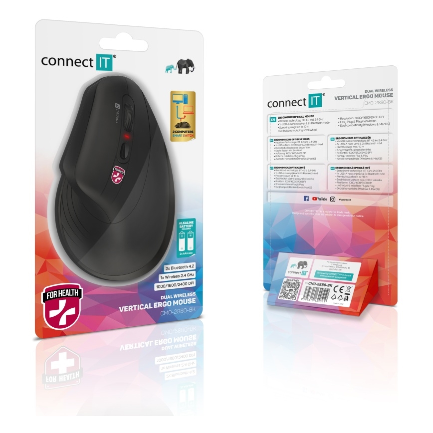 CONNECT IT CMO-2880-BK - Эргономичная беспроводная мышь Verti TriMode 1000/1600/2400 DPI 2xAAA черная