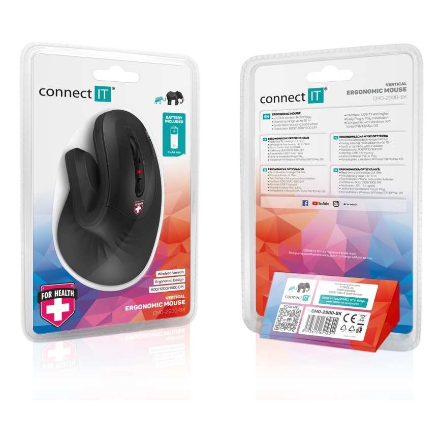 CONNECT IT CMO-2900-BK - Ергономічна бездротова миша 800/1200/1600 DPI 1xAA чорний