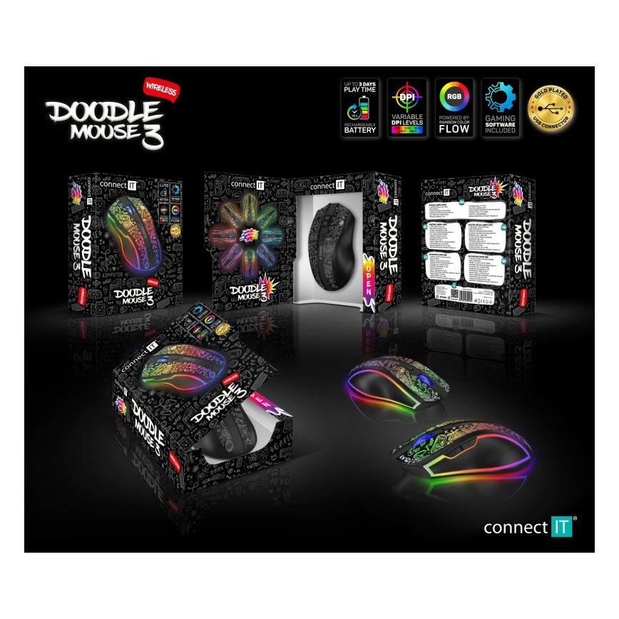 CONNECT IT CMO-3530-DD - LED RGB Бездротова акумуляторна ігрова миша 800/1200/1600/2400/4800 DPI 600 mAh чорний