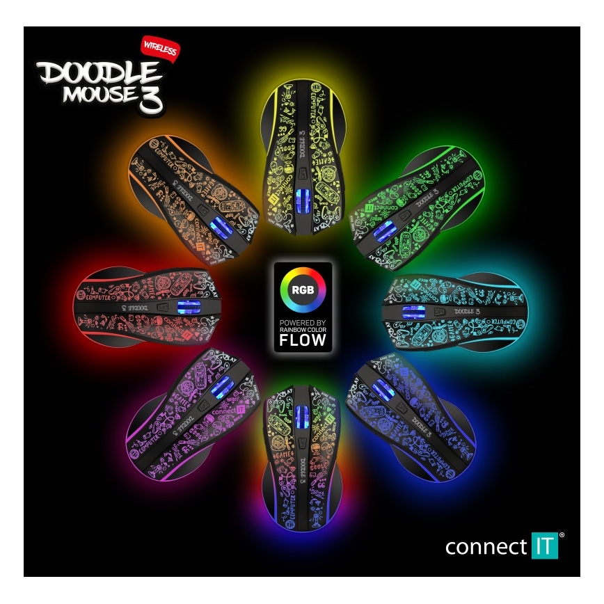 CONNECT IT CMO-3530-DD - Светодиодная беспроводная аккумуляторная игровая RGB мышь 800/1200/1600/2400/4800 DPI 600 mAh черный