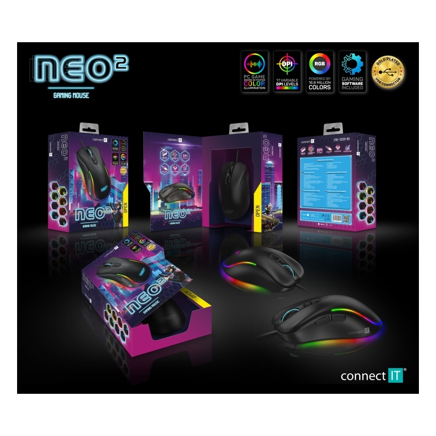 CONNECT IT CMO-3589-BK - Светодиодная беспроводная игровая RGB мышь 200-7200 DPI черный