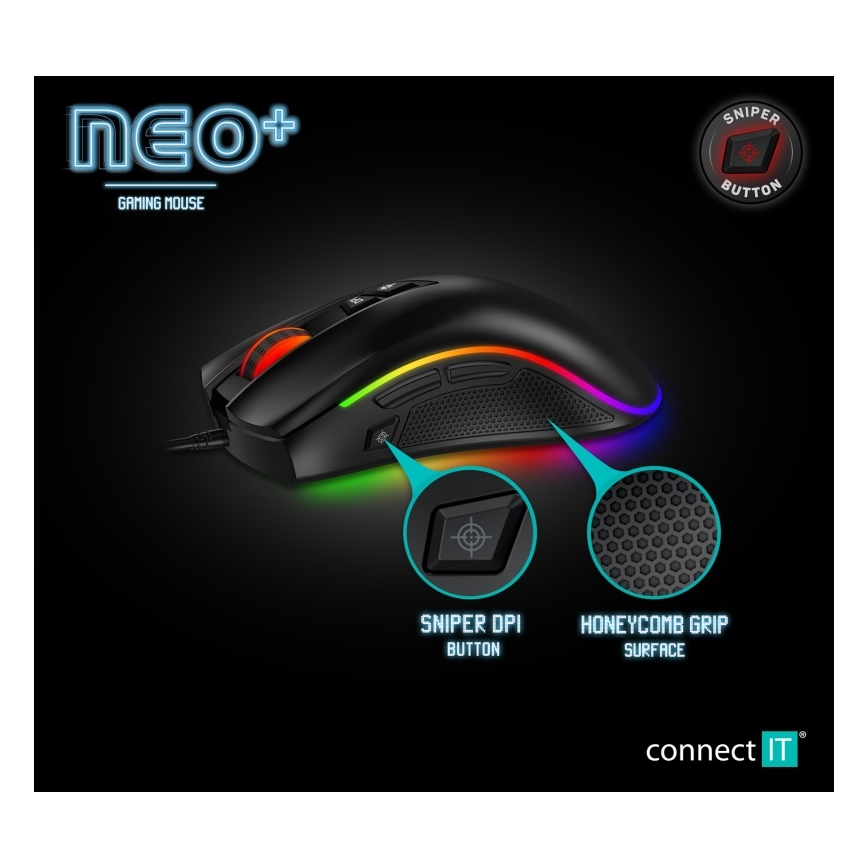 CONNECT IT CMO-3591-BK - Проводная игровая мышь со светодиодной RGB-подсветкой 500-7200 DPI черный