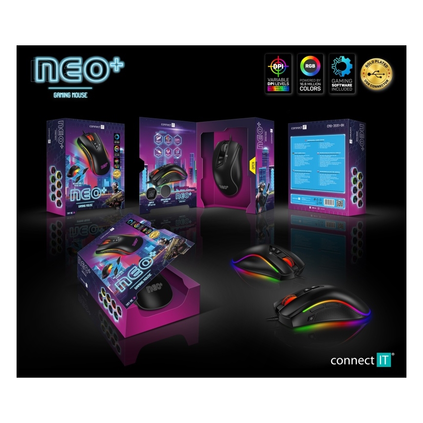 CONNECT IT CMO-3591-BK - Проводная игровая мышь со светодиодной RGB-подсветкой 500-7200 DPI черный
