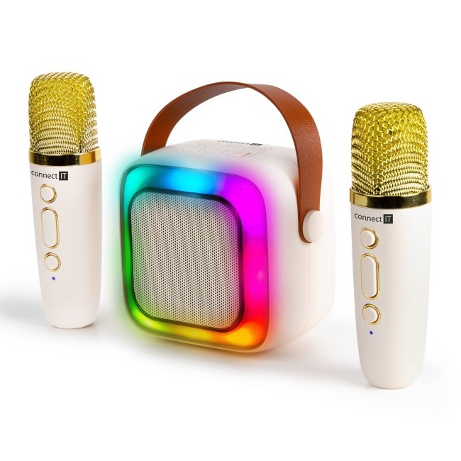 CONNECT IT CSP-1010-BG - LED RGB колонка с беспроводными микрофонами (2 шт.) 5W/1200 mAh + 2x 400 mAh кремовый/золотой