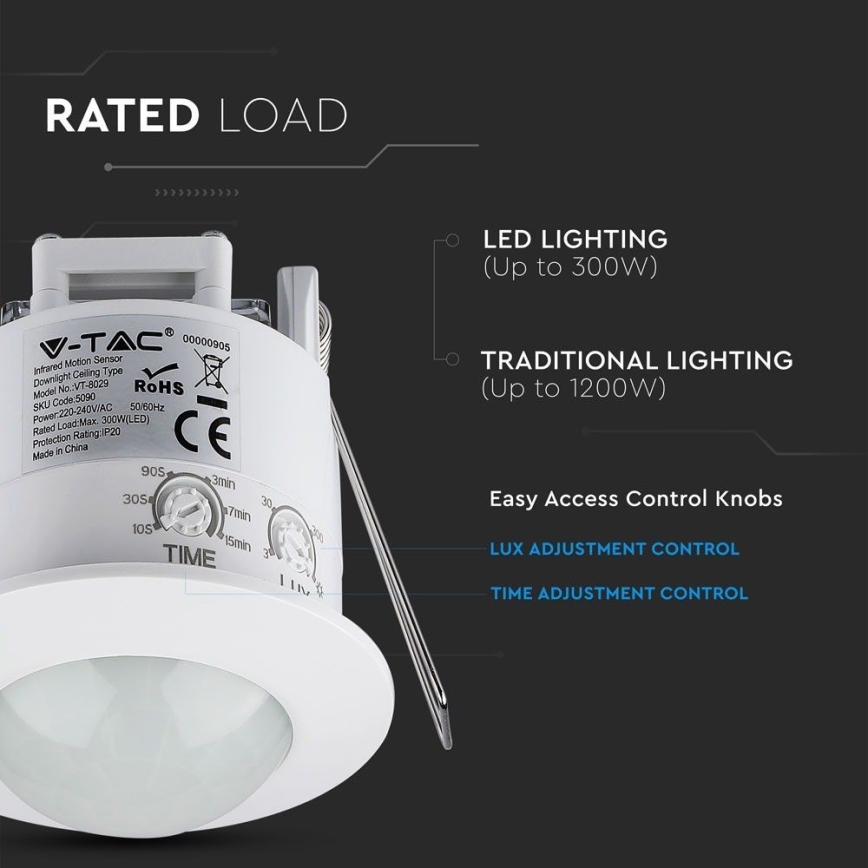 Датчик движения встроенный PIR 360° 300W/230V белый