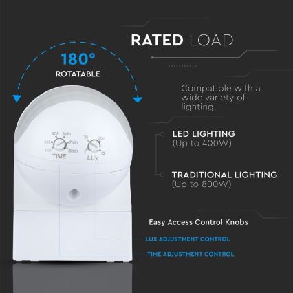 Датчик руху PIR 180° 800W/230V IP44 білий