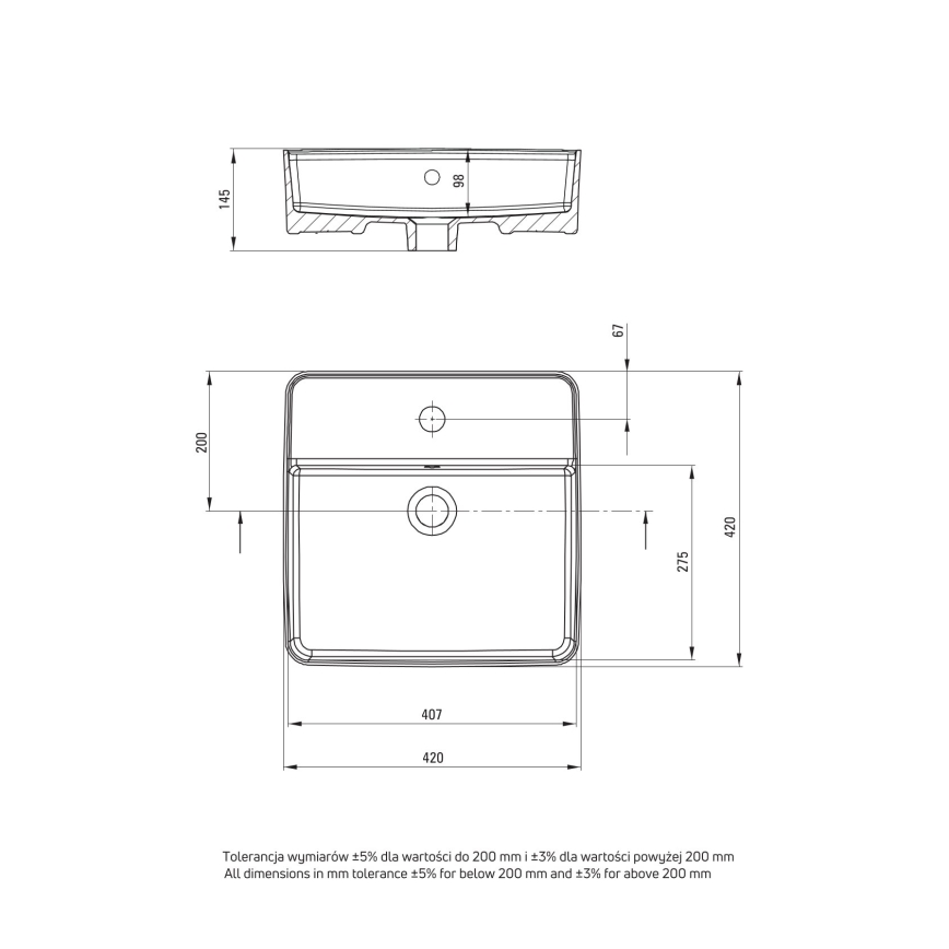 Deante CGS_6U4B - Раковина на столешницу с отверстием под смеситель SQUARE 42x42 см керамика/белый