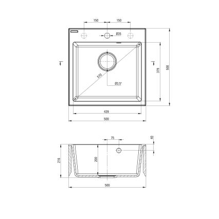 Deante ZQJNN103 - Кухонная раковина EVORA 50x50 см + смеситель для мойки с гибким изливом гранит/черный