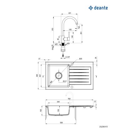 Deante ZQZVN113 - Кухонная раковина ZORBA 76x44 см + смеситель для мойки гранит/черный