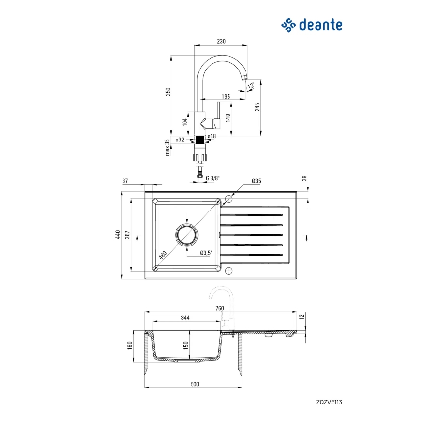 Deante ZQZVT113 - Кухонная раковина ZORBA 76x44 см + смеситель для мойки гранит/металлический антрацит