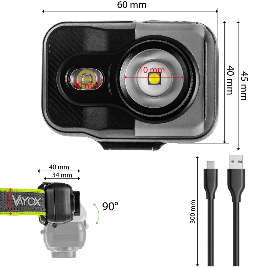 Диммируемый перезаряжаемый налобный фонарь LED/10W/5V/3×AAA IP66 800 лм 1000 мА·ч