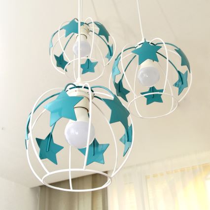 Дитяча підвісна люстра STARS 3xE27/15W/230V бірюзовий/білий