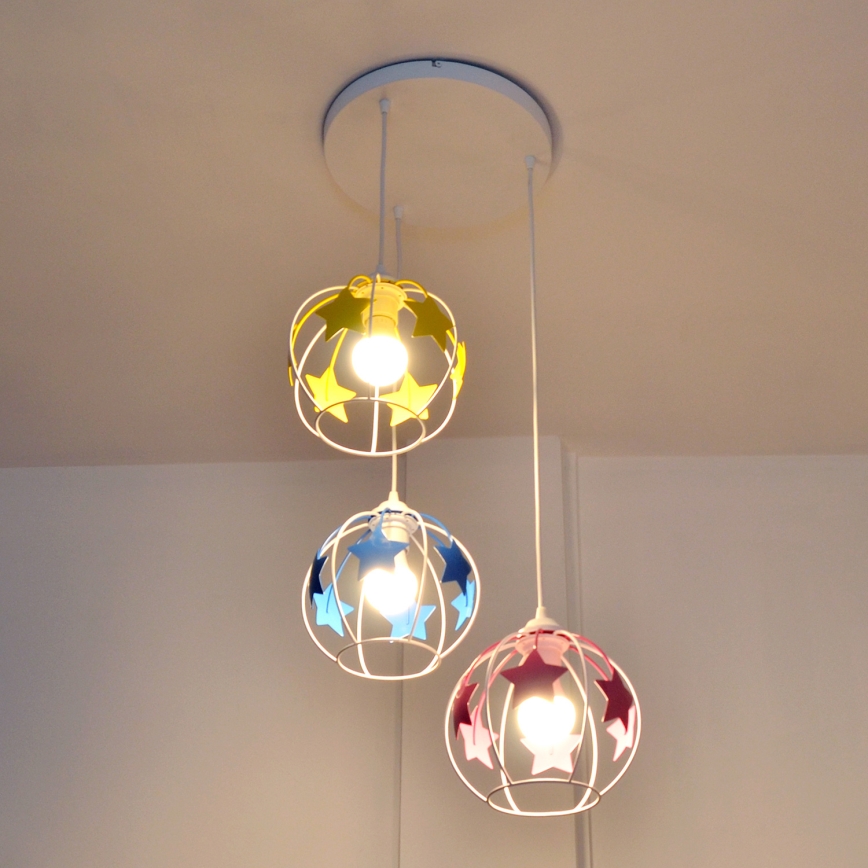 Дитяча підвісна люстра STARS 3xE27/15W/230V синій/рожевий/жовтий