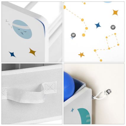 Дитячий стелаж для зберігання з тканинними коробками ANET синьо-білий