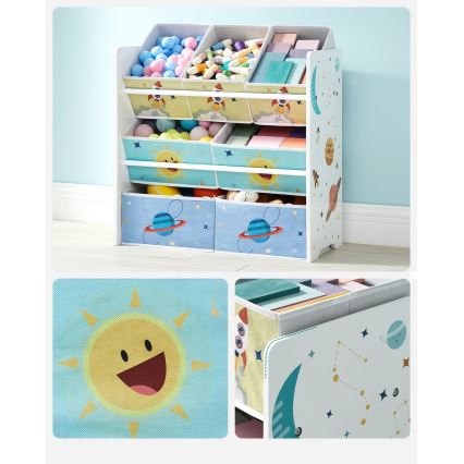 Дитячий стелаж для зберігання з тканинними коробками ANET синьо-білий