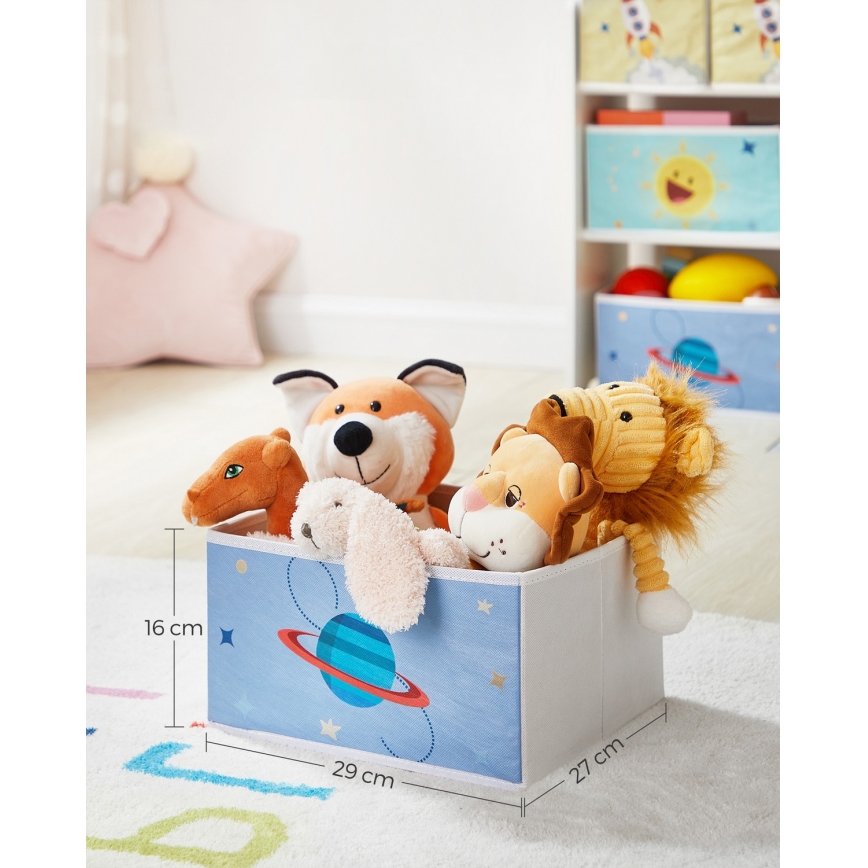 Дитячий стелаж для зберігання з тканинними коробками ANET синьо-білий