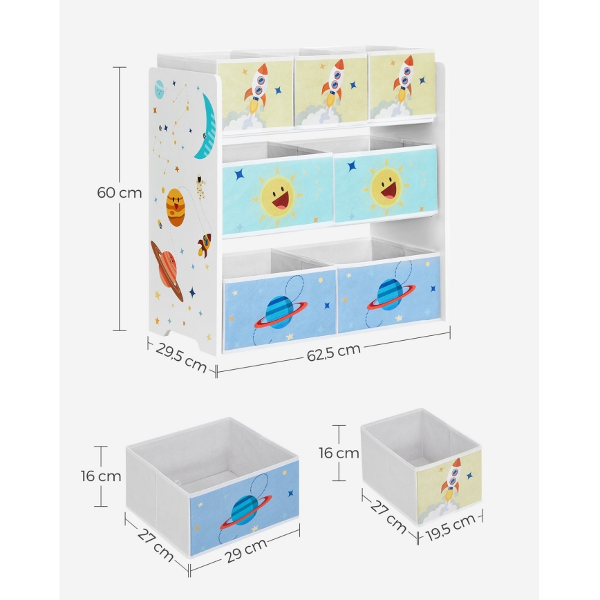 Дитячий стелаж для зберігання з тканинними коробками ANET синьо-білий