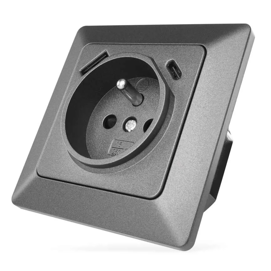 Домашняя розетка с портами USB-A и USB-C, французский стандарт, 250 В/16 А, антрацит