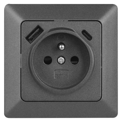 Домашняя розетка с портами USB-A и USB-C, французский стандарт, 250 В/16 А, антрацит
