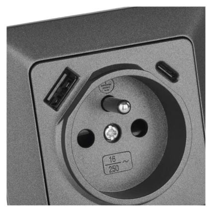 Домашняя розетка с портами USB-A и USB-C, французский стандарт, 250 В/16 А, антрацит