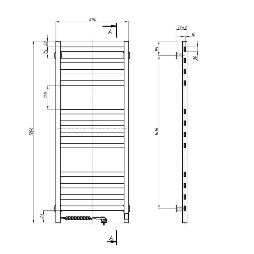 Рушникосушарка драбинна для ванної кімнати з термостатом AVANGARD 459W/230V 120,6 cm IP44 біла ліва квадратна