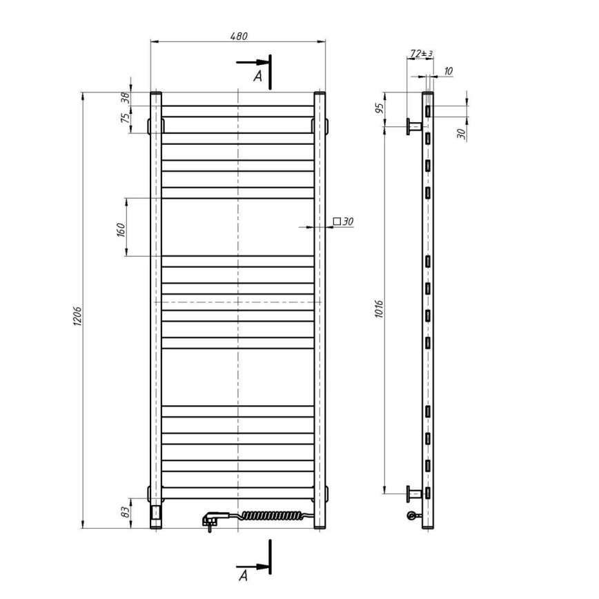 Рушникосушка для ванної кімнати з термостатом AVANGARD 459W/230V 120,6cm IP44 біла права квадратна