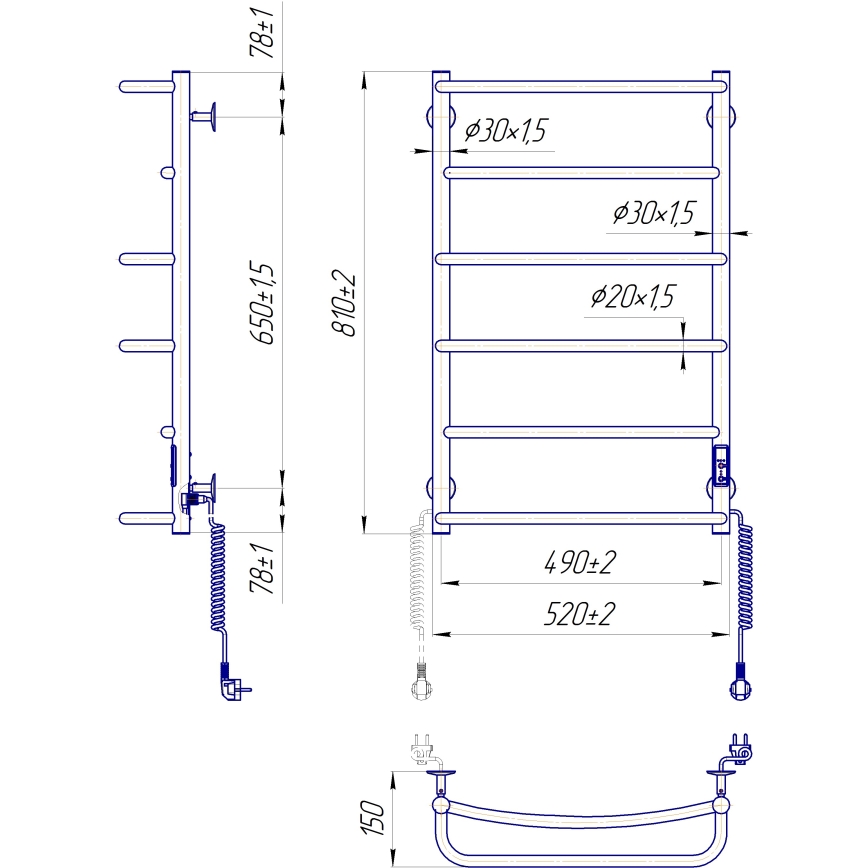 Драбинний полотенцесушник для ванної кімнати LUX 105W/230V 81x52 cm нержавіюча сталь/антрацит, правий