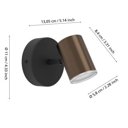 Eglo - Настенный точечный светильник для ванной 1xGU10/5W/230V IP44 чёрный/коричневый