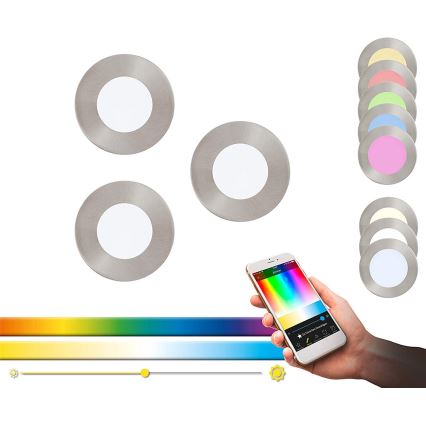 Eglo - комплект из 3 диммируемых RGB LED встраиваемых потолочных светильников FUEVA-C LED/3W/230V, диаметр 8,5 cm