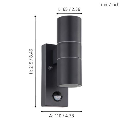 Eglo - LED Вуличний настінний світильник з датчиком 2xGU10/3W/230V IP44